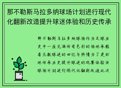 那不勒斯马拉多纳球场计划进行现代化翻新改造提升球迷体验和历史传承 那不勒斯马拉多纳球场计划进行现代化翻新改造提升球迷体验和历史传承