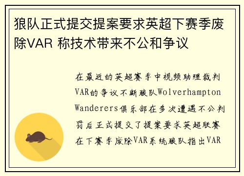 狼队正式提交提案要求英超下赛季废除VAR 称技术带来不公和争议 狼队正式提交提案要求英超下赛季废除VAR 称技术带来不公和争议