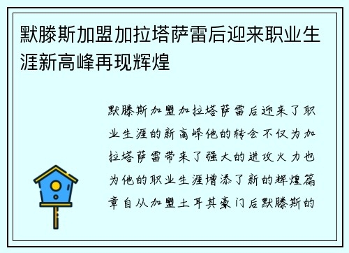 默滕斯加盟加拉塔萨雷后迎来职业生涯新高峰再现辉煌